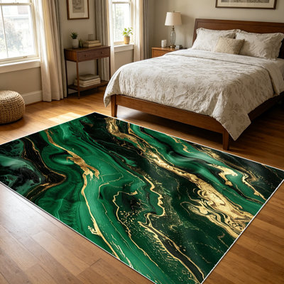 1PC Emerald Green Gold Fluid Marble Agate area rugs for Living Room, Soft and Comfortable, Suitable for all seasons, easy-to-maintain, machine washable Indoor floor mat, Under Table Farmhouse suitable for dining table, entryway, bedroom, kitchen,