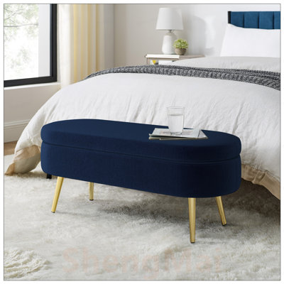 Banc de rangement repose-pieds ovale en flanelle avec pieds en métal robustes pour un décor moderne et élégant