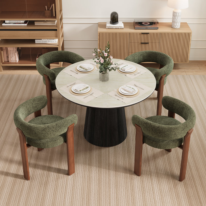 Adwin 4 - Person Dining Table Sets With 47.24" Round Table & 4 Boucle Upholstered Arm Chairs, 5 Pieces: Table, 4 Chairs