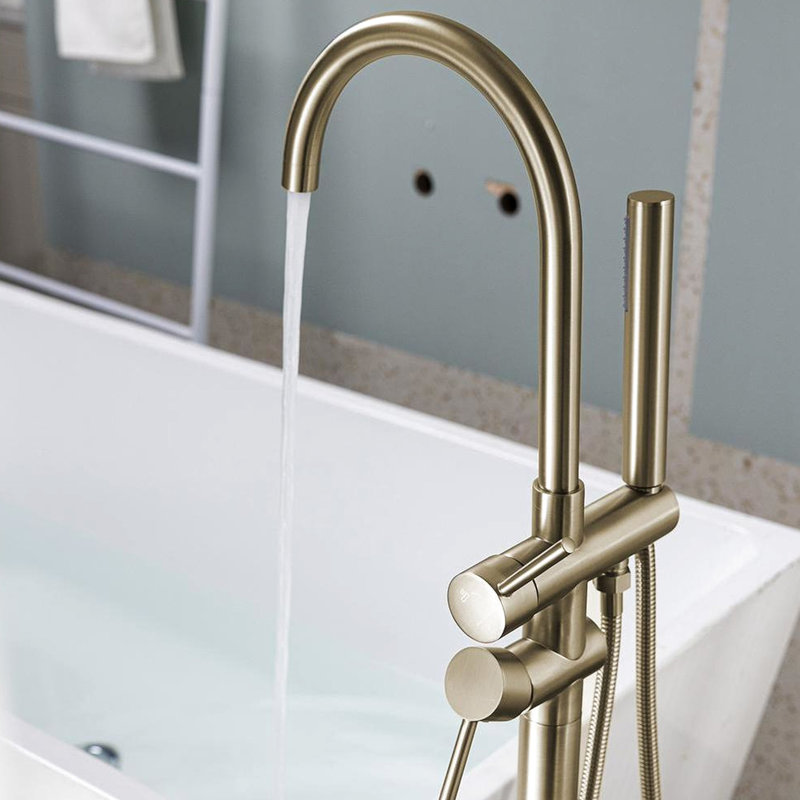 Robinet de baignoire autoportant à fixation au sol brossé - avec douche à main et structure de fabrication en céramique