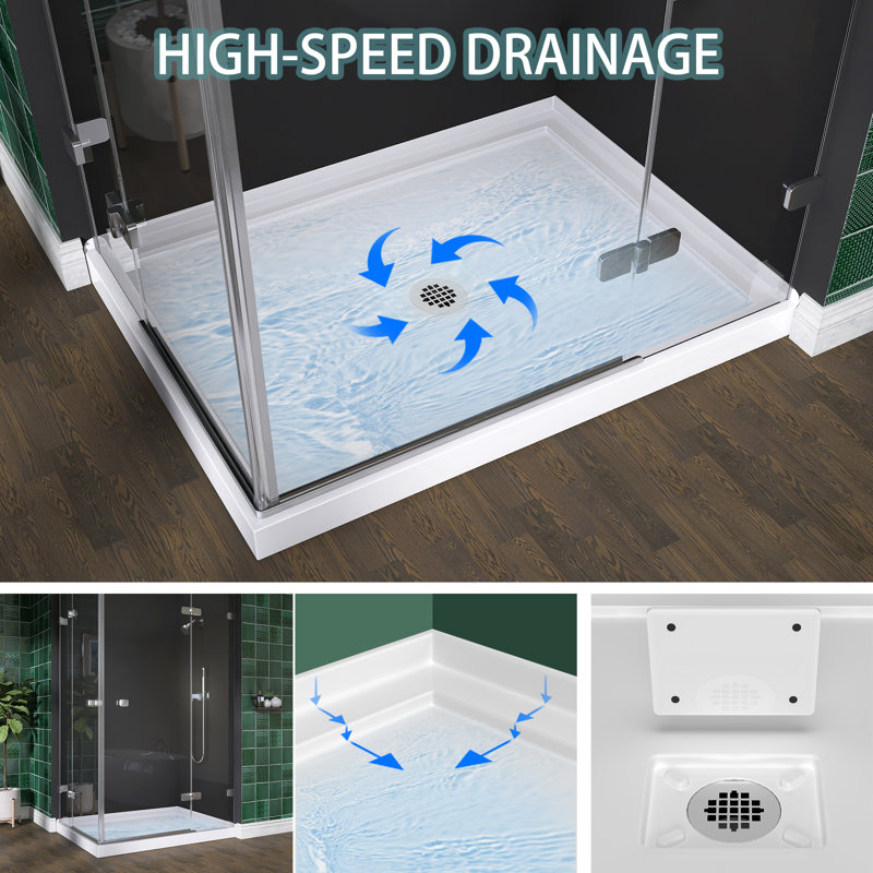 48" L x 36" W White Acrylic Shower Base for Two-Wall Alcove Left Entry | Center Drain with Magnetic Cover | Hassle-Free Cleaning