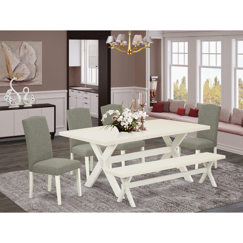 6 Piece Kitchen Table Set Contains a Rectangle Dining Table with X-Legs and 4 Dark Shitake Linen Fabric Parson Chairs with a Bench