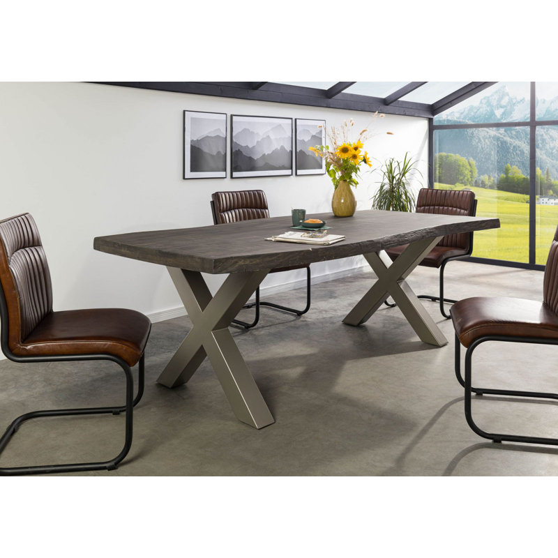 Solid Wood Top Metal Base Dining Table, 77 cm H x 220 cm L x 100 cm D, Silver, Grey