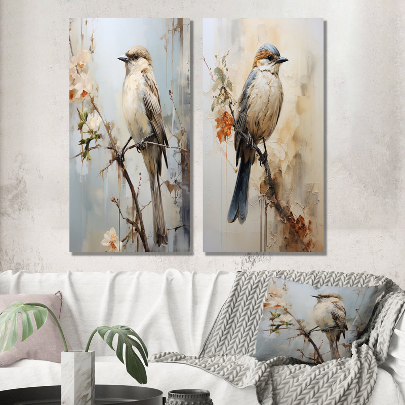 Minimalisme, oiseau beige sur branche - ensemble de 2 impressions sur toile d'oiseaux, Toile tendue, H 28 po x l 25 po