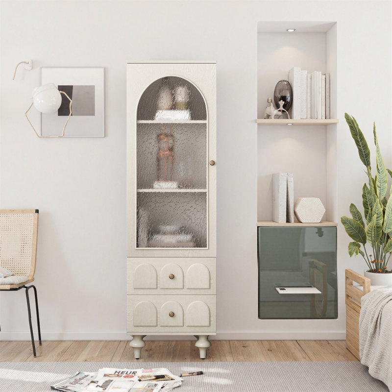 Vitrine de rangement 62,99 "avec porte en verre trempé, Blanc