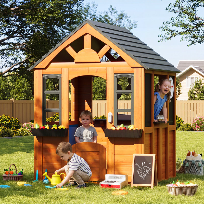 Maisonnette extérieure en bois massif pour enfants avec cuisine, tableau noir et niche pour animaux