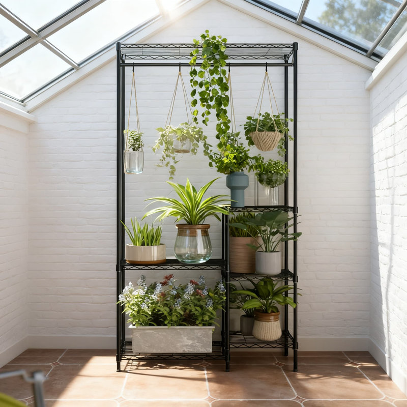 Support pour plante robuste en métal avec tablettes réglables et tringle pour utilisation à l'intérieur et à l'extérieur, grande capacité pour le balcon du salon