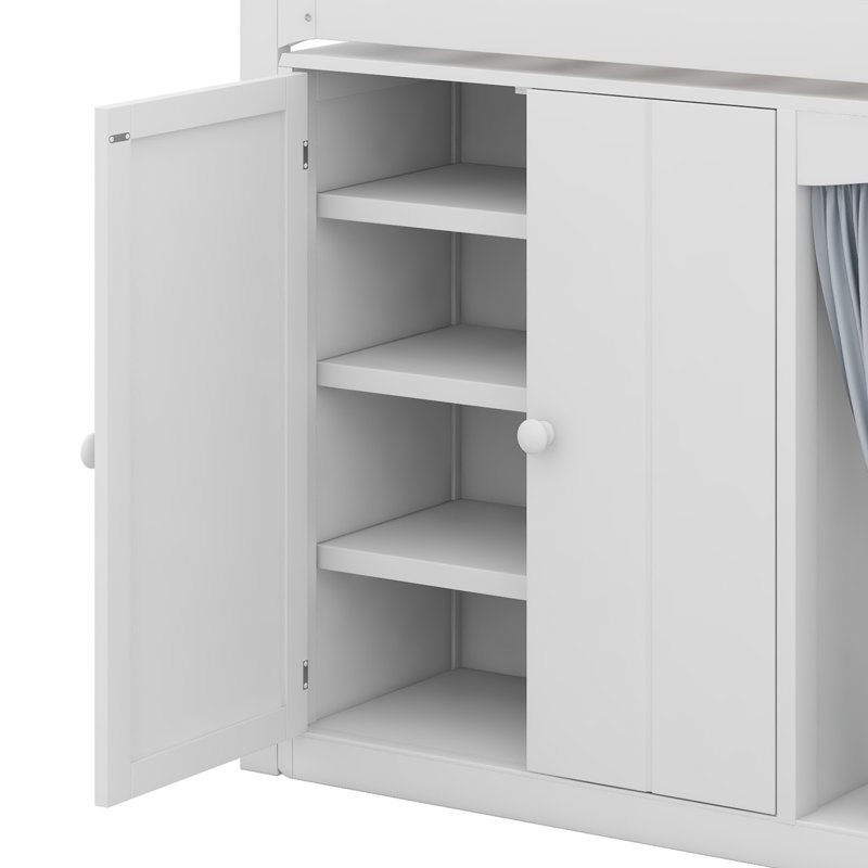 Loft Bed with Wardrobe, Storage Cabinet, White
