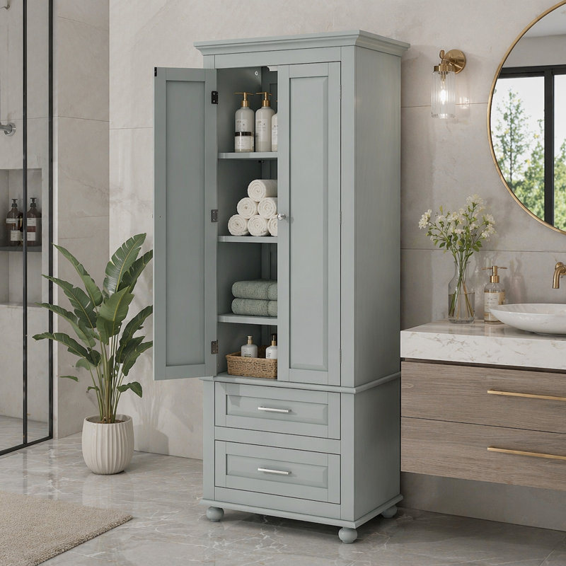 Tall Storage Cabinet With Two Drawers, Grey
