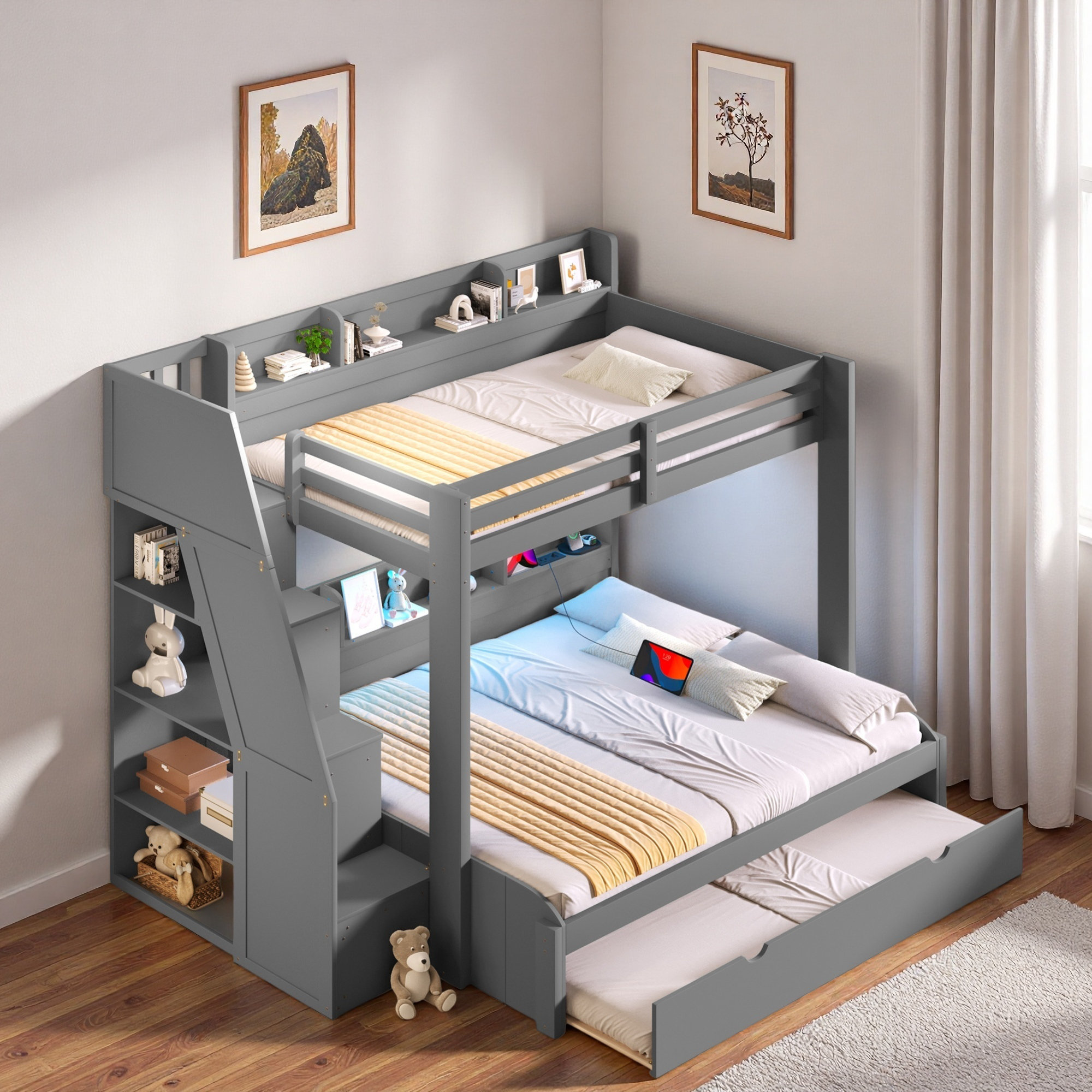 Latitude Run® Bunk Bed With Storage Staircase, Trundle, Storage Shelves ...
