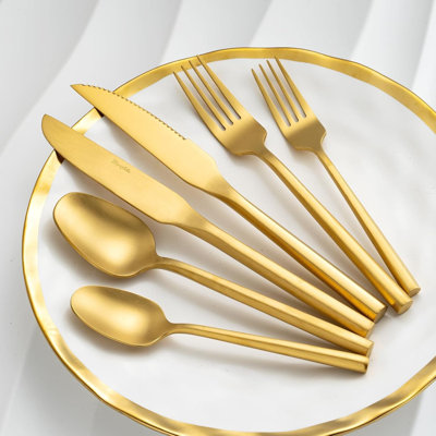 Ensemble de couverts 24 pièces en acier inoxydable pour 4 avec couteaux à steak, ensemble de couverts à poignée hexagonale, argent doré mat lavable au lave-vaisselle