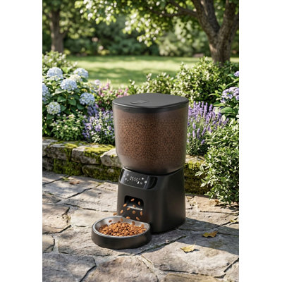 Automated Meal Dispenser for Cats, Comes with Stainless Steel Serving Bowl, Pre-Set Portion Management (20 Servings / 6 Feedings Daily), Message Recorder Function, Redundant Power Source, Designed for Small Dogs, Black