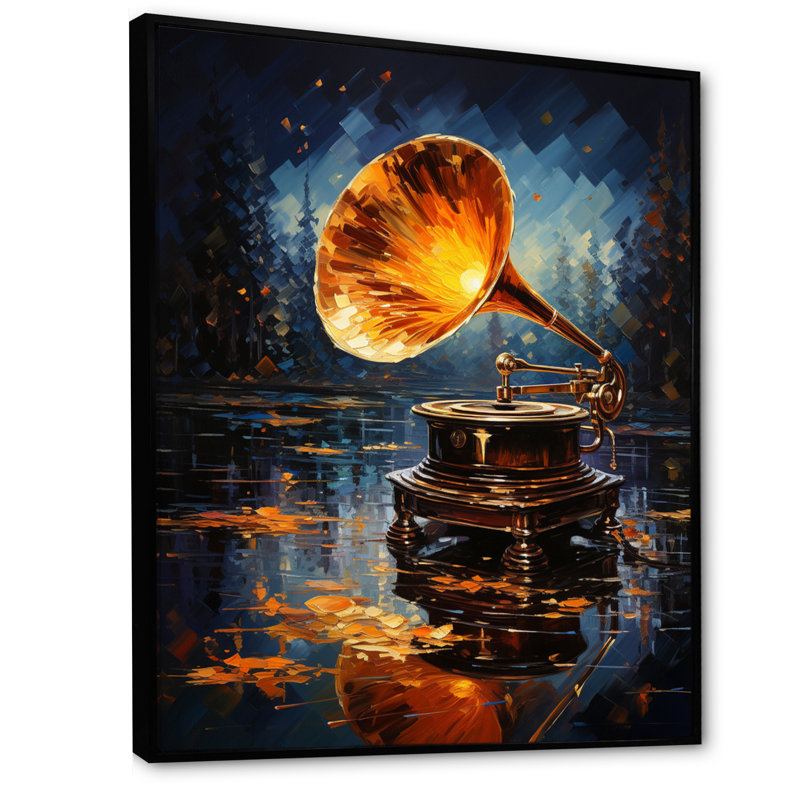 Kostyk Gold Phonographs Melodic Reflections Pointillism, reproduction d'art sur toile, Cadre flottant noir