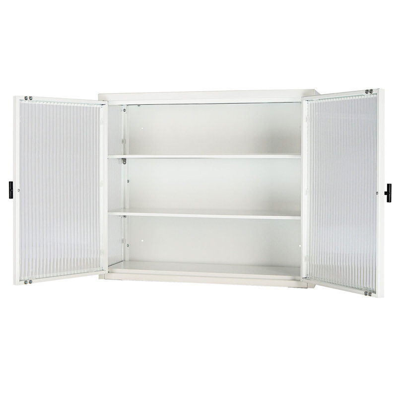 Armoire murale rétro à double porte en verre avec tablettes amovibles, Blanc