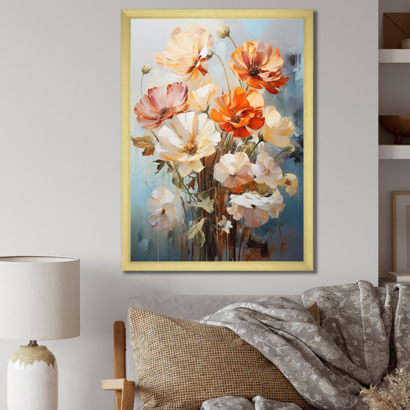 «White and Peach Daisies Romantic II», reproduction d'art sur toile florale, H 32 po x l 24 po x P 1 po, Encadrement doré