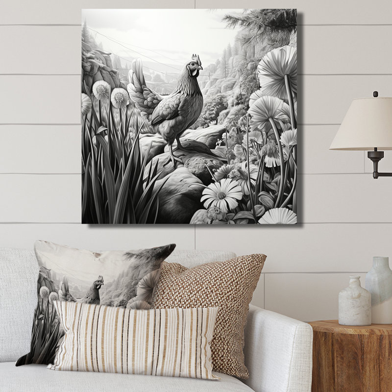 Art mural coq noir et blanc à la ferme, H 30 po x l 30 po x P 1,5 po, Toile tendue