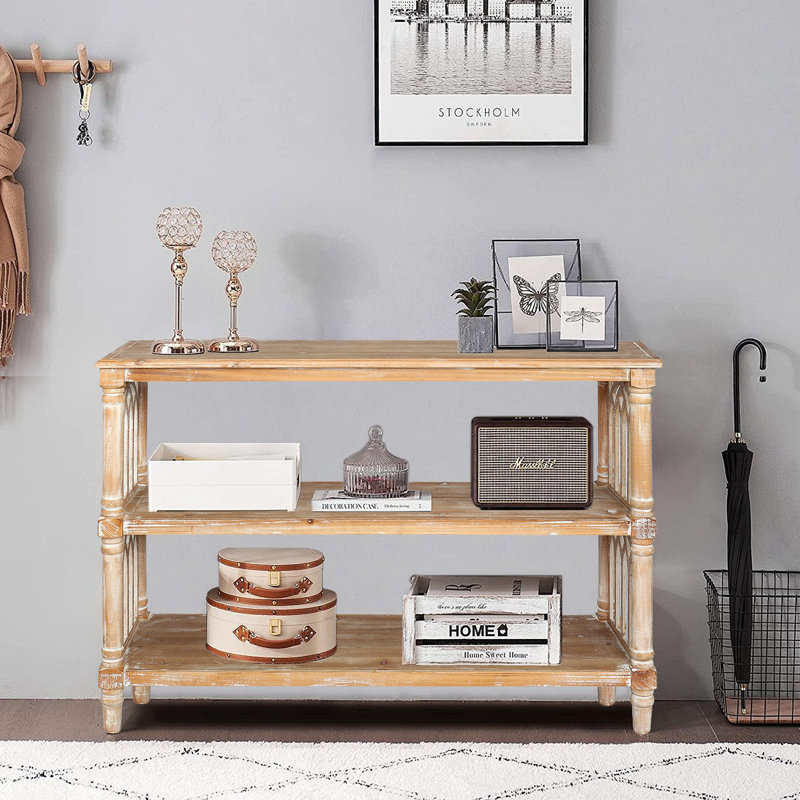 Console rustique à 3 niveaux avec détails d'inspiration gothique, longue table d'entrée en bois