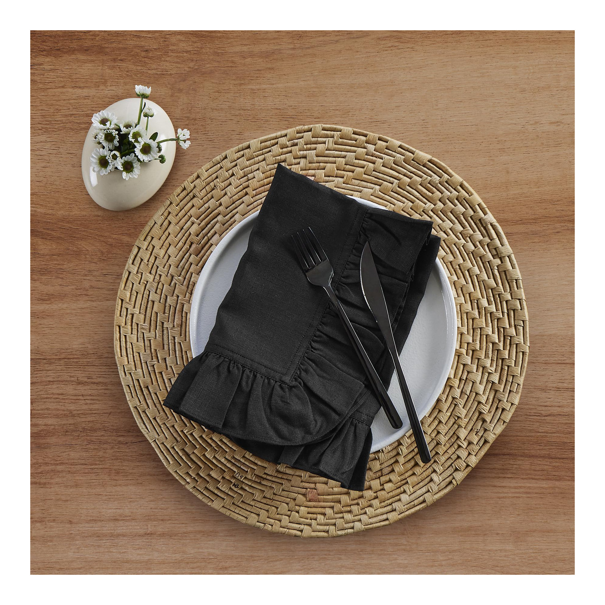 Gabrielle Ruffle - 100% Pure Linen Dinner Napkins, Black