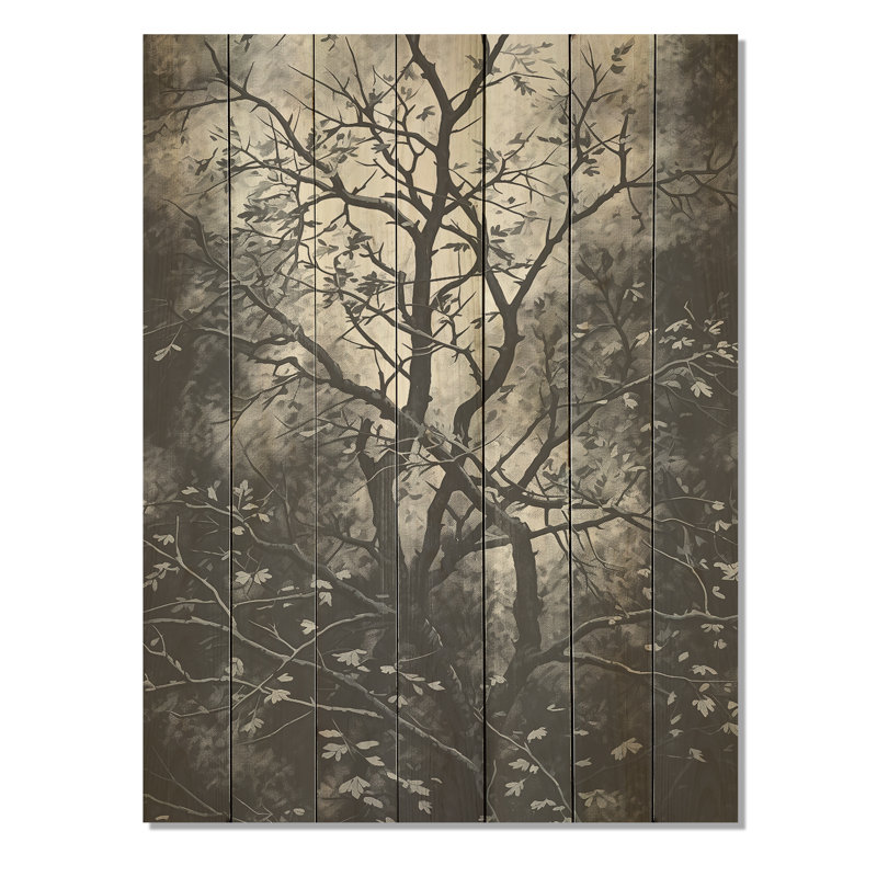 Arbre gothique gris dans la nuit II - arbre sur bois, H 20 po x l 10 po