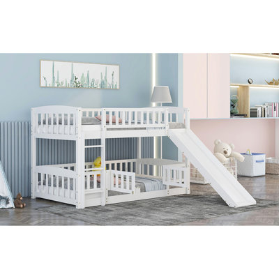 Bunk Bed With Slide,Twin Over Twin Low Bunk Bed With Fence And Ladder For  Kids Teens White