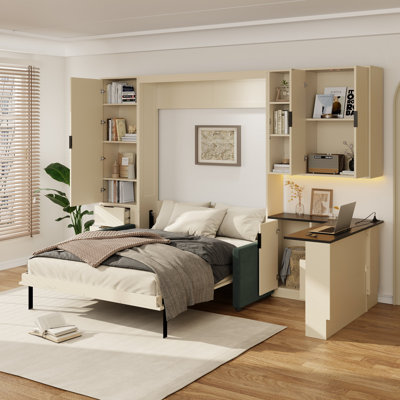 Wall Murphy Bed With Hydraulic Storage, Sofa, Shelves & Drawers, LED/USB Lighting, Panel, Sofa