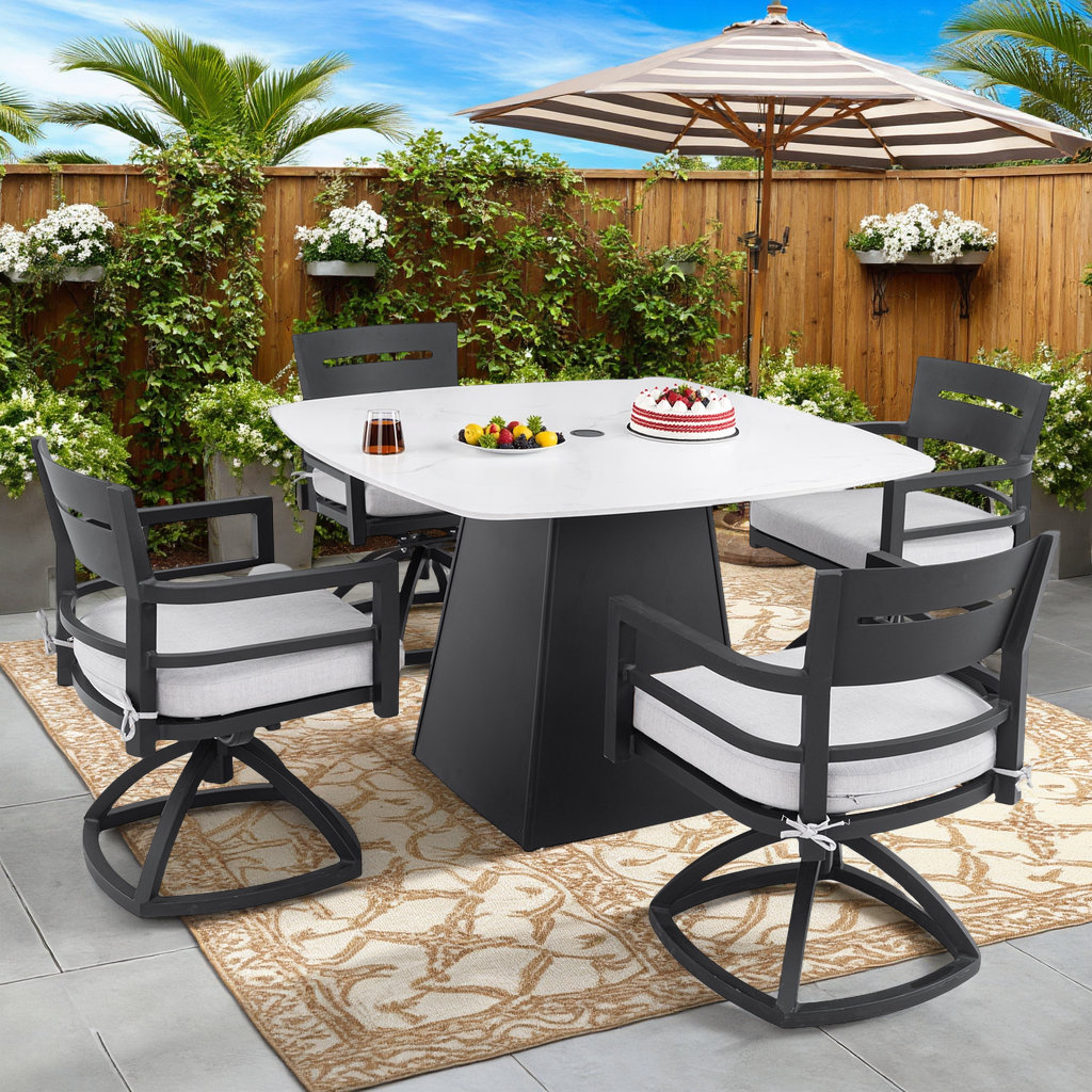 Red Barrel Studio® Modern 5-PC Patio Set - Greek Marble Table & 360 ...