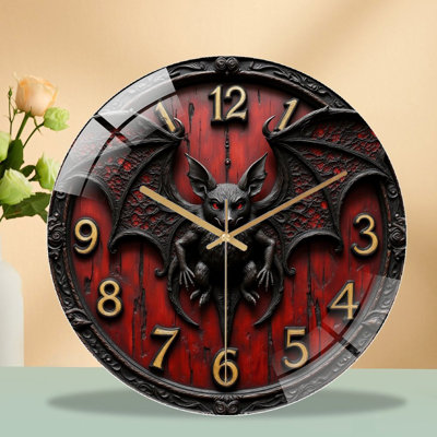 Gothic Bat Wall Clock Red Black Decor Art - 12'' Modern Glass Wall Clock