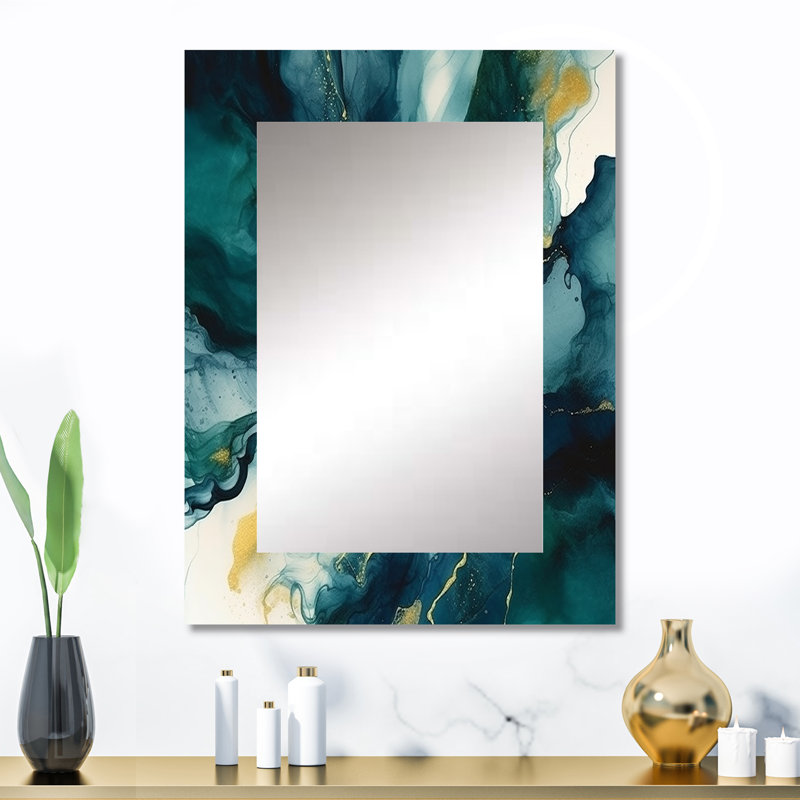 Kilgo Dark Blue and Gold Strokes XIX - Fractals Unique Wall Mirror Decor, Modern Large Mirror, Printed Metal Art, 32" x 24"