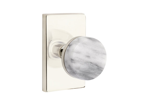 Ensemble de boutons de passage Emtek Select, rosette rectangulaire moderne, tige conique, bouton en marbre blanc, CF