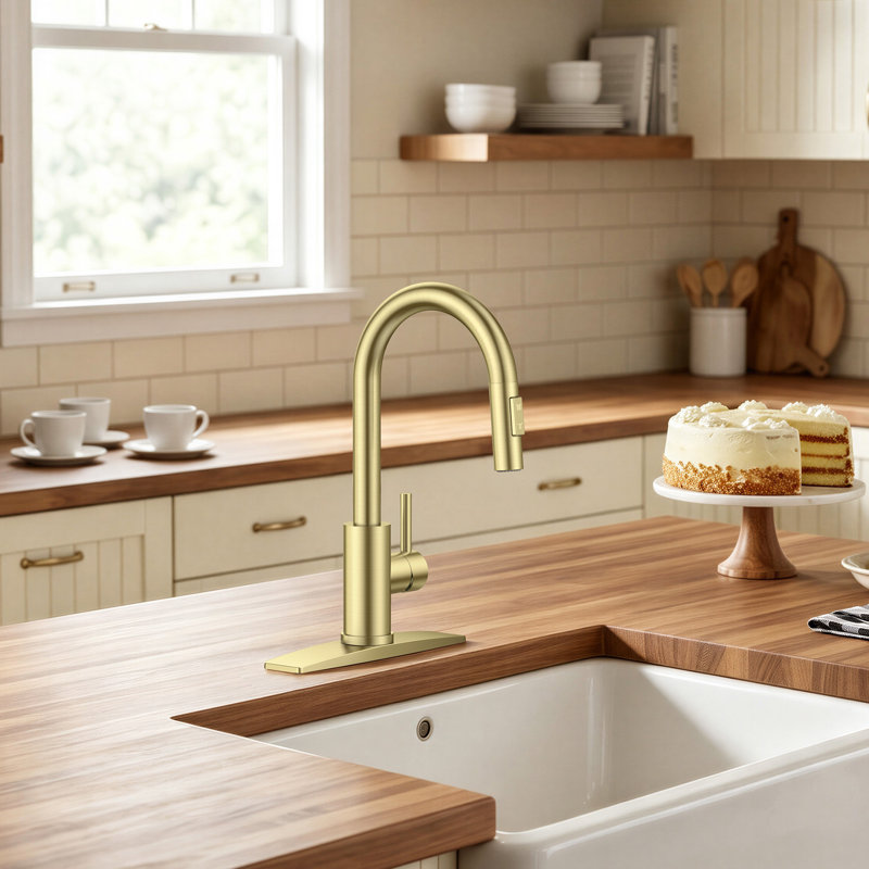 Pull Down Single Handle Kitchen Faucet With Deck Plate, Handles and Supply Lines, Brushed Gold