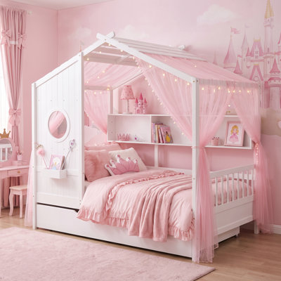 Modern White Solid‑Wood Full‑Size House Bed For Youth, Pull‑Out Trundle Guest Bed Frame With Open‑Sided Storage Shelving, Kids Bedroom Furniture