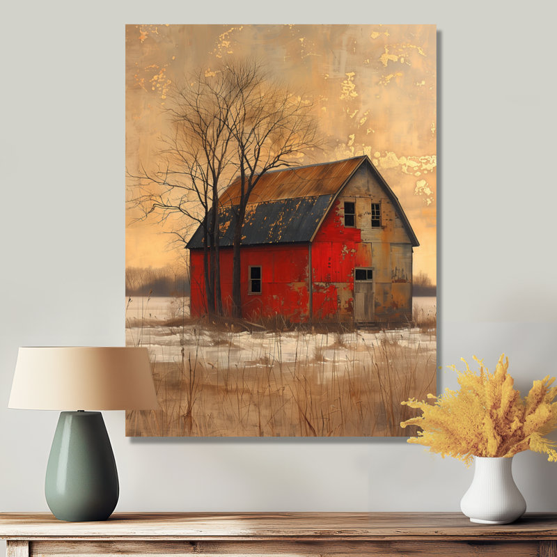 Gris et rouge, automne rétro, grange, art mural, H 32 po x l 24 po x P 1 po, Toile tendue