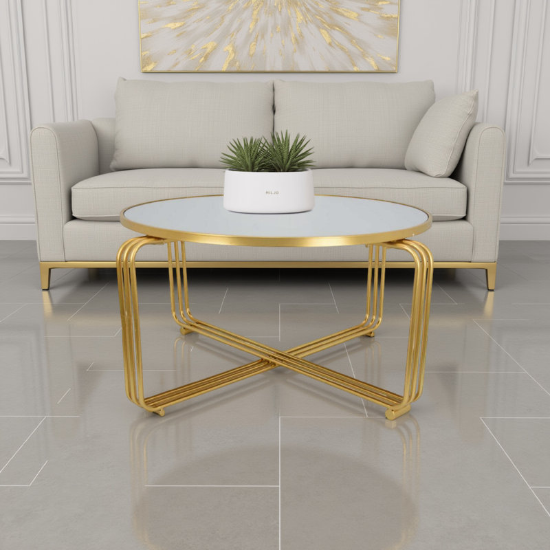 Table basse avec support pour plante, plateau miroir rond de 37 po, métal doré moderne