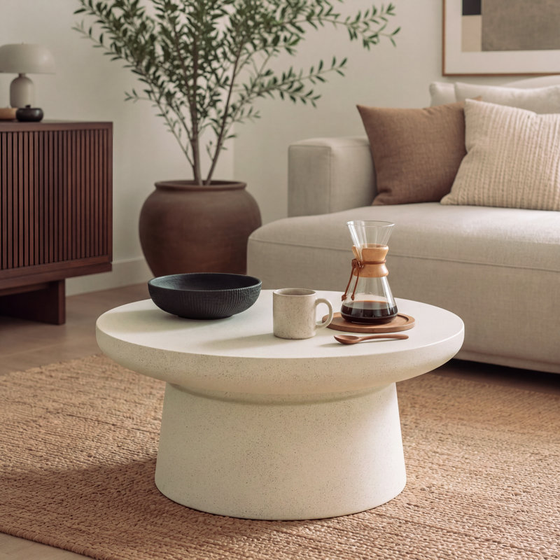 Table basse ronde moderne Rey de 70 cm de large en MGO avec pied sculptural et finition mouchetée