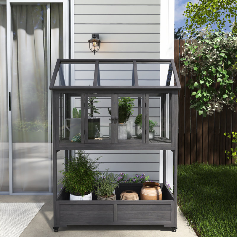 47.2" W X 23.6" D Wooden Greenhouse With Movable Wheels, Black