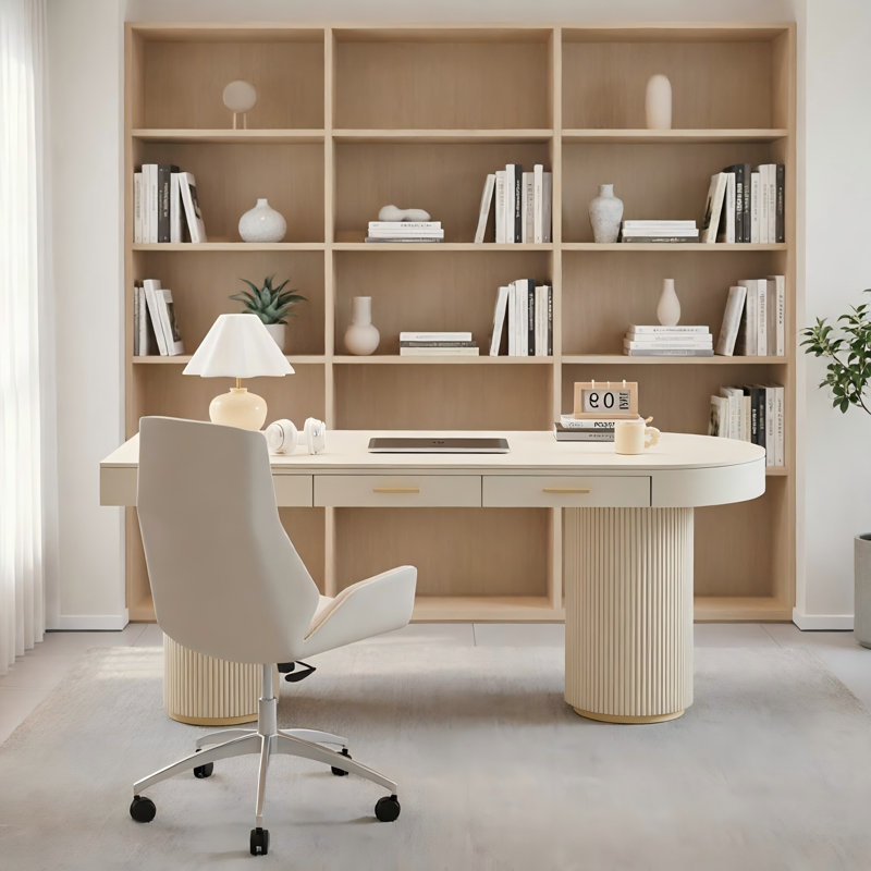 Cream right semicircle desk,3-drawer, Right Hand Return, 29.53" H x 62.99" W x 27.56" D
