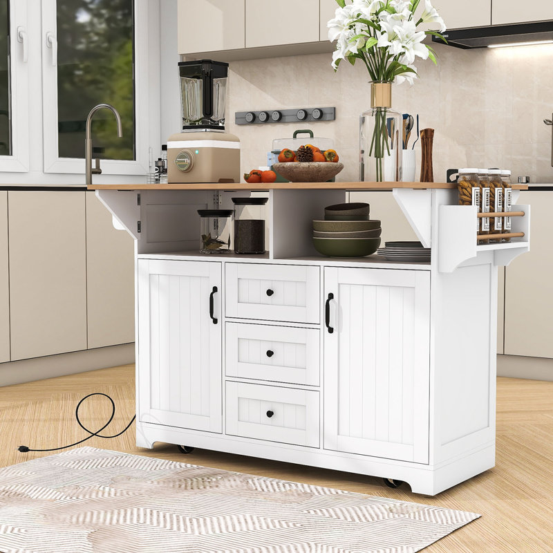 Kitchen Cart with Dual Drop Leaf, Rolling Design, Power Outlet and Ample Storage on 5 Wheels, White