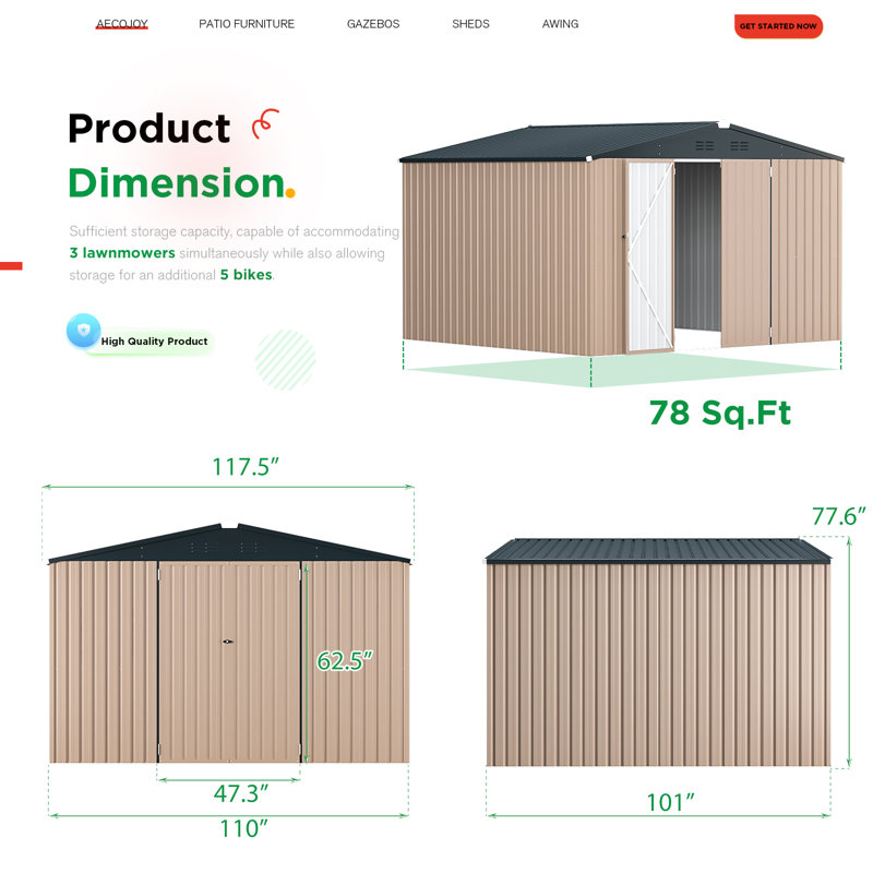 Remise de rangement en métal 10 pi x 10 pi, Brun clair, 9 pi x 10 pi