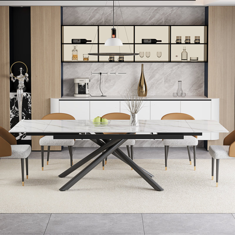 Ensemble de table de salle à manger extensible 102 po avec table en pierre frittée et 8 chaises en similicuir, Jaune/gris