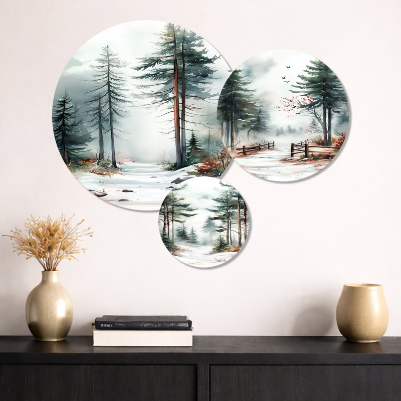 Snowy Pine Tree Forest Path - White Nature, art mural en métal 3 pièces
