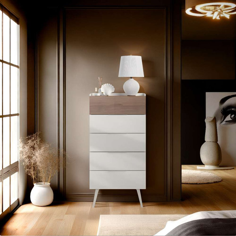 Modern Mink Dresser with 5 Drawers & Shelves, 23.6 x 47.6 x 17.3 inches | Coated Particle Board, Thickness: 0.6 inches | Wall-Mountable, Scandinavian Design for Stylish Bedroom Storage