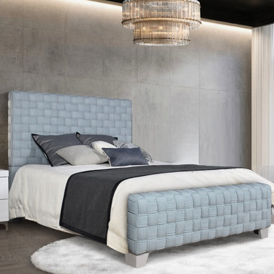 Contemporary Upholstered Teal Chenille Queen Bed, Bold Woven Headboard, Gray Legs, Box Spring Size Fully Padded And Upholstered, Required