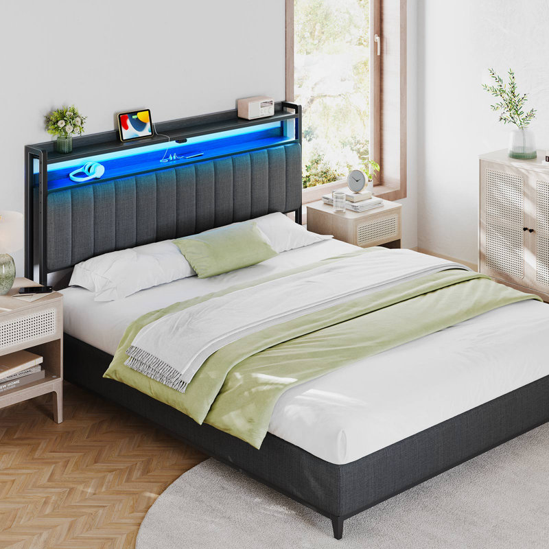 Berte Storage Upholstered Headboard With RGB LED Lights & Charging Station, Full, Gray