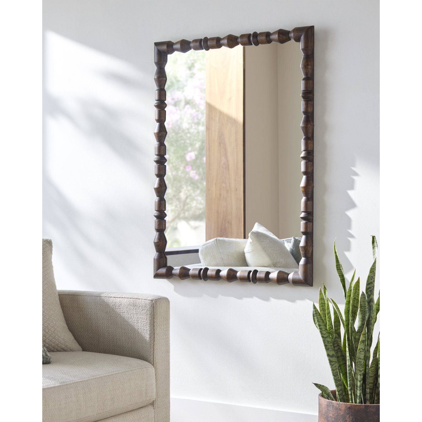 Aavo Beaded Wood Wall Mirror, Dark Brown Wood, 40" x 30"