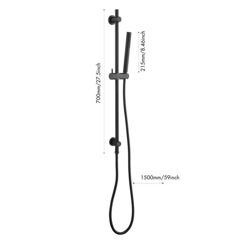 Douche à main à barre coulissante de 28 pouces avec hauteur réglable et tuyau de 59 pouces dans un tuyau robuste de couleur noire, barre, tête opaque