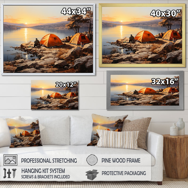 «Camping by the Lake Haven 1 - Camping Travel», art mural, Cadre flottant blanc, H 12 po x l 20 po x P 1 po