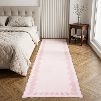 Tapis de corridor rose avec bordure festonnée, lavable et antidérapant, idéal pour le corridor, la cuisine ou la chambre.
