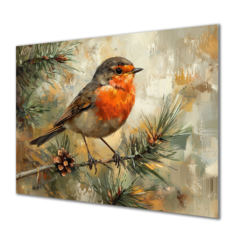 «Robin Bird In The Pine Canopy II», reproduction d'art moderne sur métal, art mural oiseau en métal, H 30 po x l 40 po