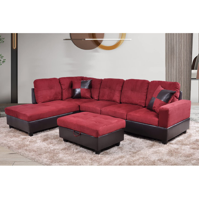 Canapé modulaire 3 pièces en flanelle rouge et en PVC 3 pièces, Orienté à gauche (vu de face)