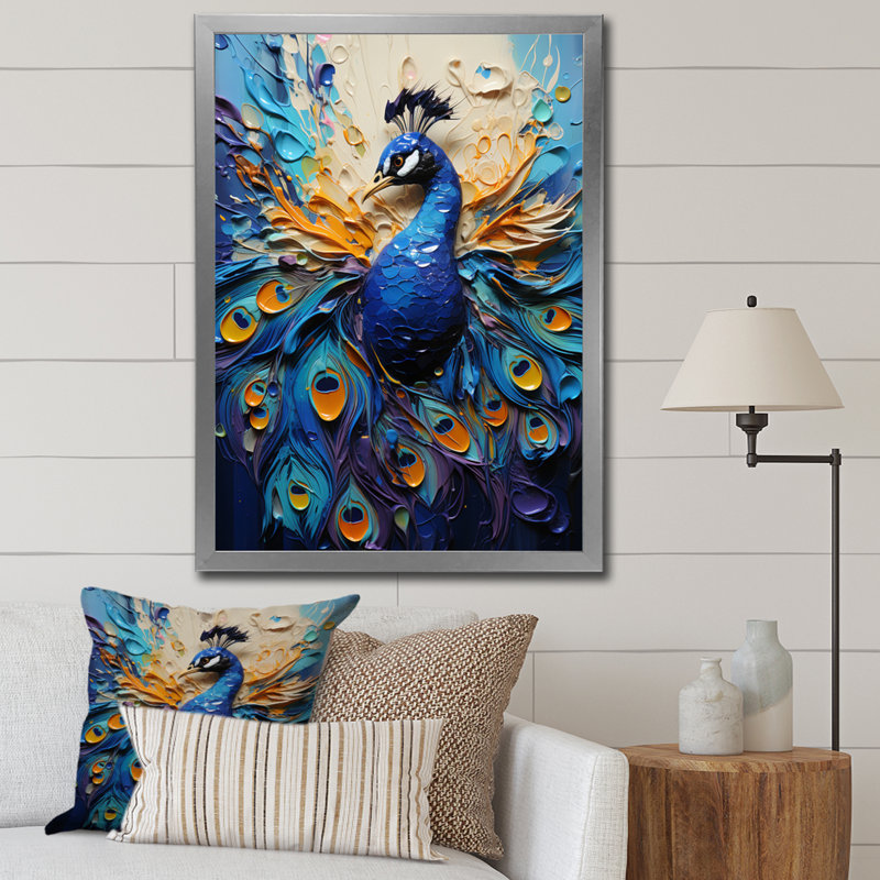 Jaylinne " Peacock Feather Drips I ", Silver Single Picture Frameed Canvas, 32" H x 24" W x 1" D